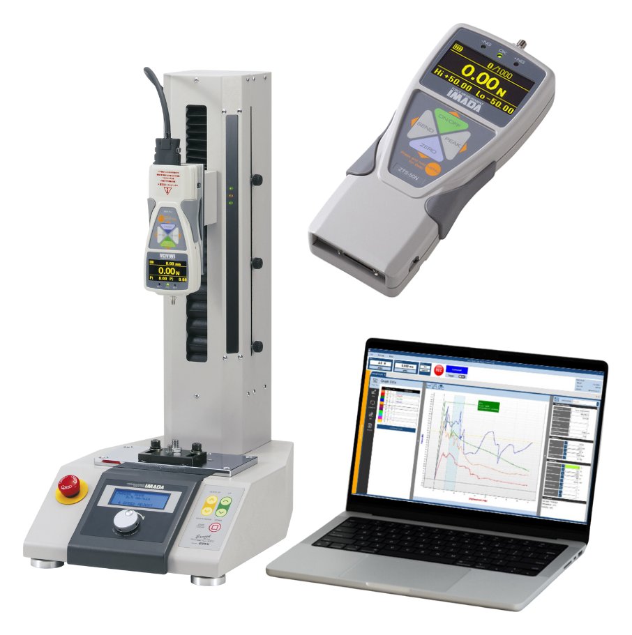 Imada digital force gauge, motorized test stand, and test software