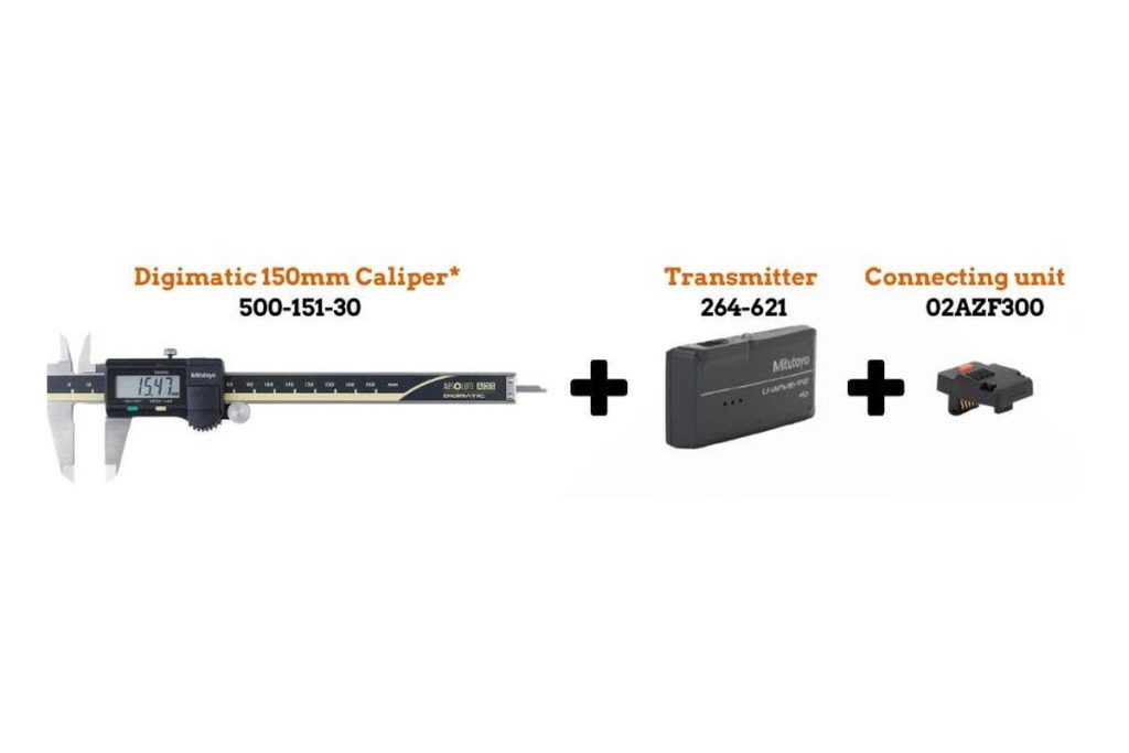 Mitutoyo Digimatic 150 mm caliper 500-151-30, U-WAVE transmitter 264-621 and connecting unit 02AZF300